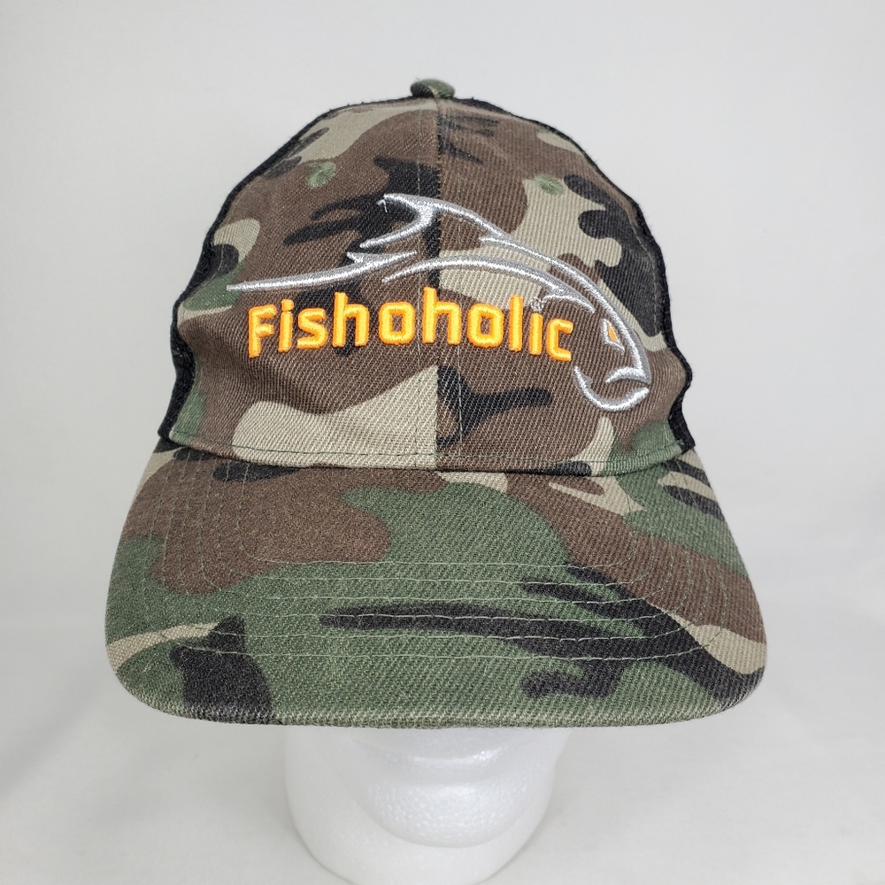 Graphic Fishing Hat "Fishoholic" Camouflage Trucker Snapback Baseball Cap Mesh.